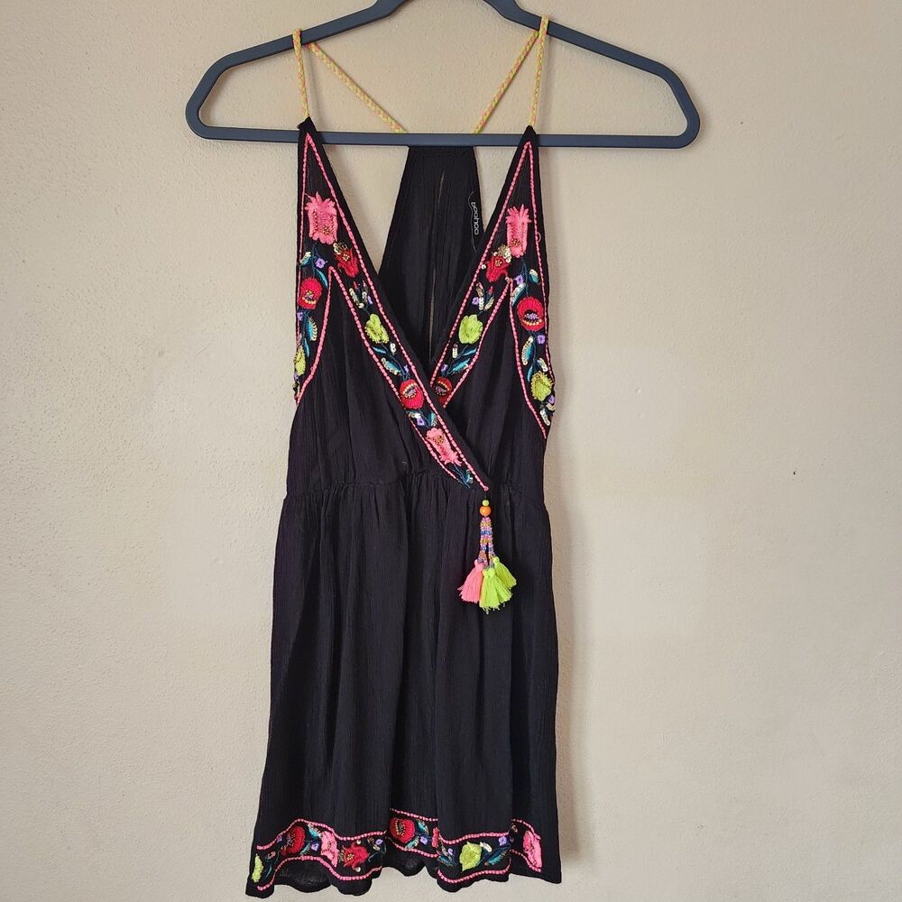 Boohoo Black Embroidered Boho Indie Mini Dress Small Tassel Halter Festival